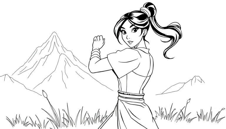 Jeune femme en tenue traditionnelle, poing levé, devant un paysage de montagne.