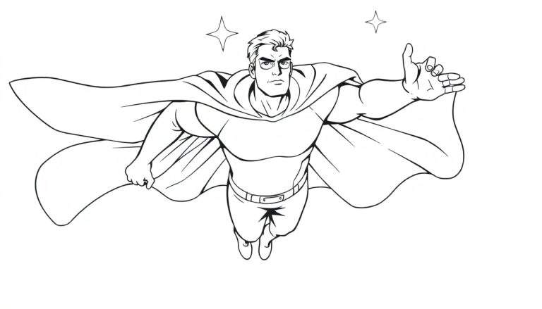 Super-héros en vol, cape flottante, style bande dessinée color panel.