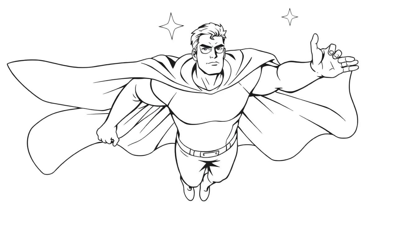 Super-héros en vol, cape flottante, style bande dessinée color panel.