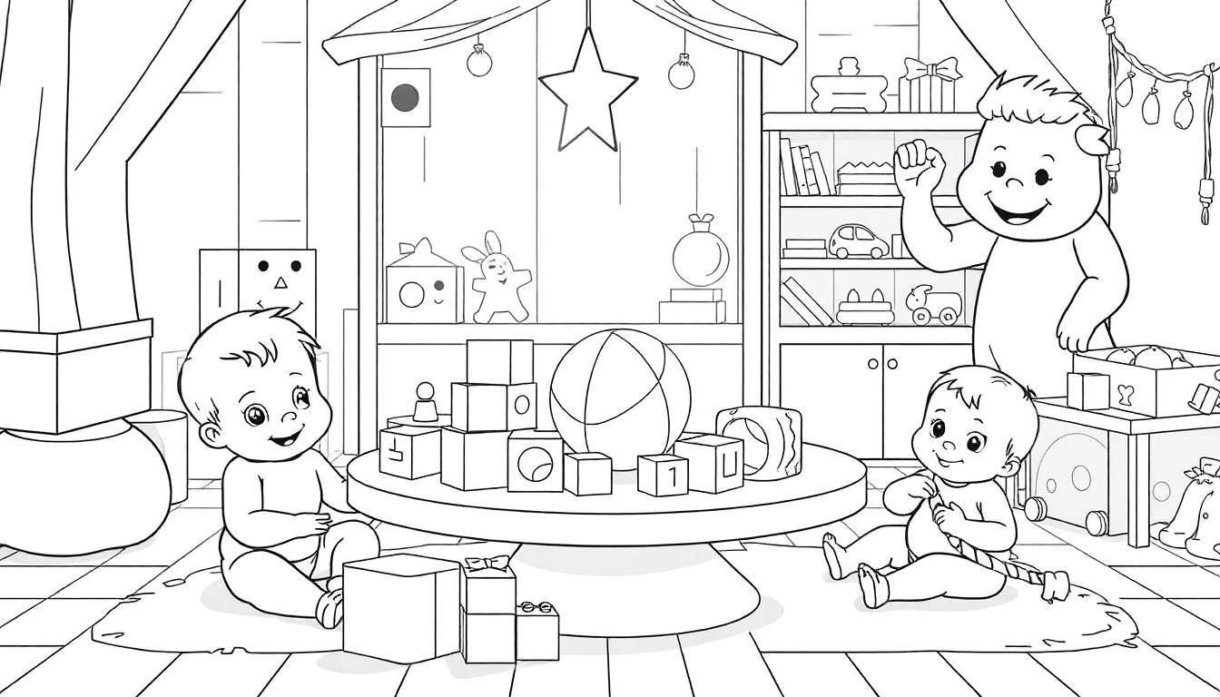 Bébés jouant dans une salle de jeux colorée avec des jouets et une étagère pleine de livres.