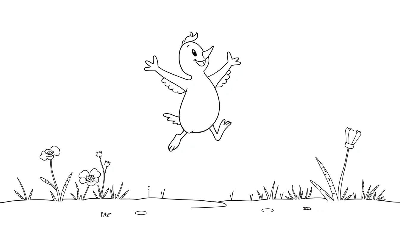 Dessin noir et blanc d'un oiseau joyeux en vol avec un visage souriant, au-dessus d'un pré fleuri. Un color panel à imprimer.