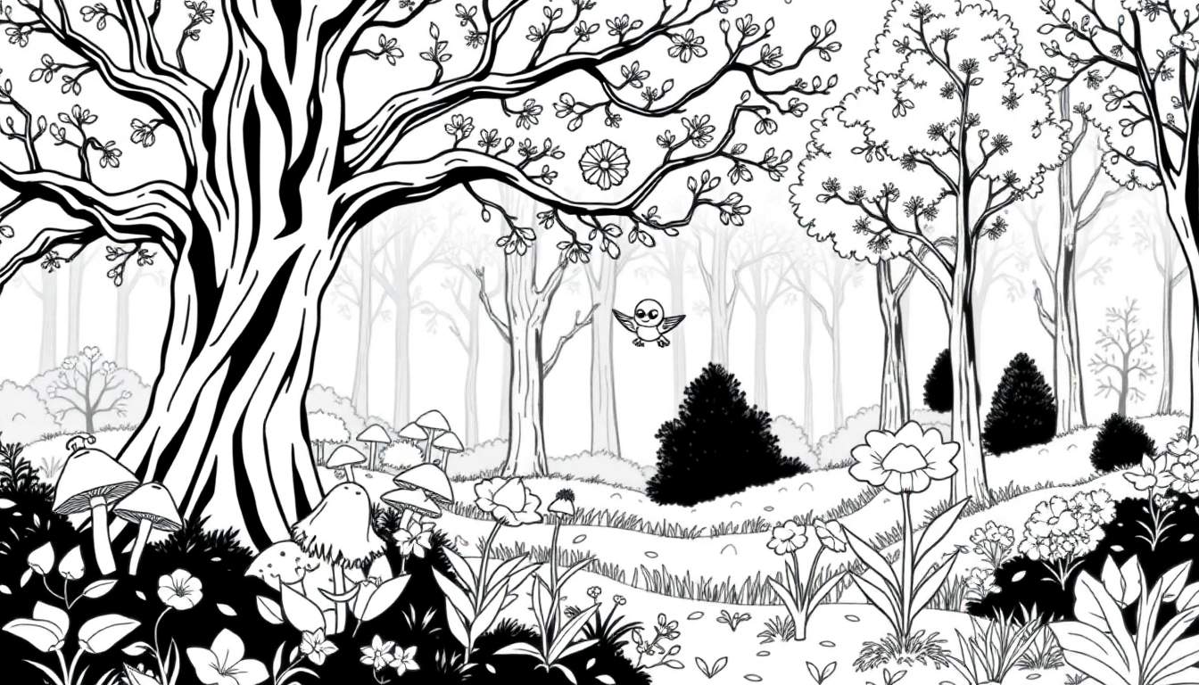 Dessin en noir et blanc d'une clairière forestière avec un grand arbre noueux au premier plan, des champignons, des fleurs et un oiseau en vol à l'arrière-plan. Un excellent color panel pour les enfants.