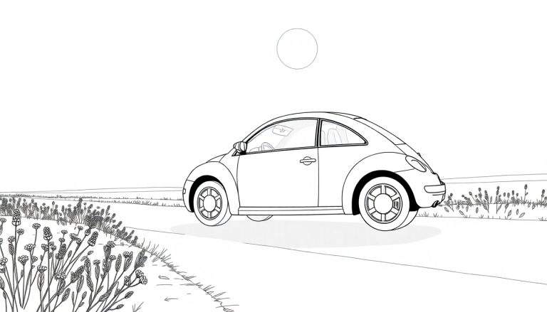 Dessin en noir et blanc d'une Coccinelle Volkswagen sur une route de campagne bordée de fleurs.