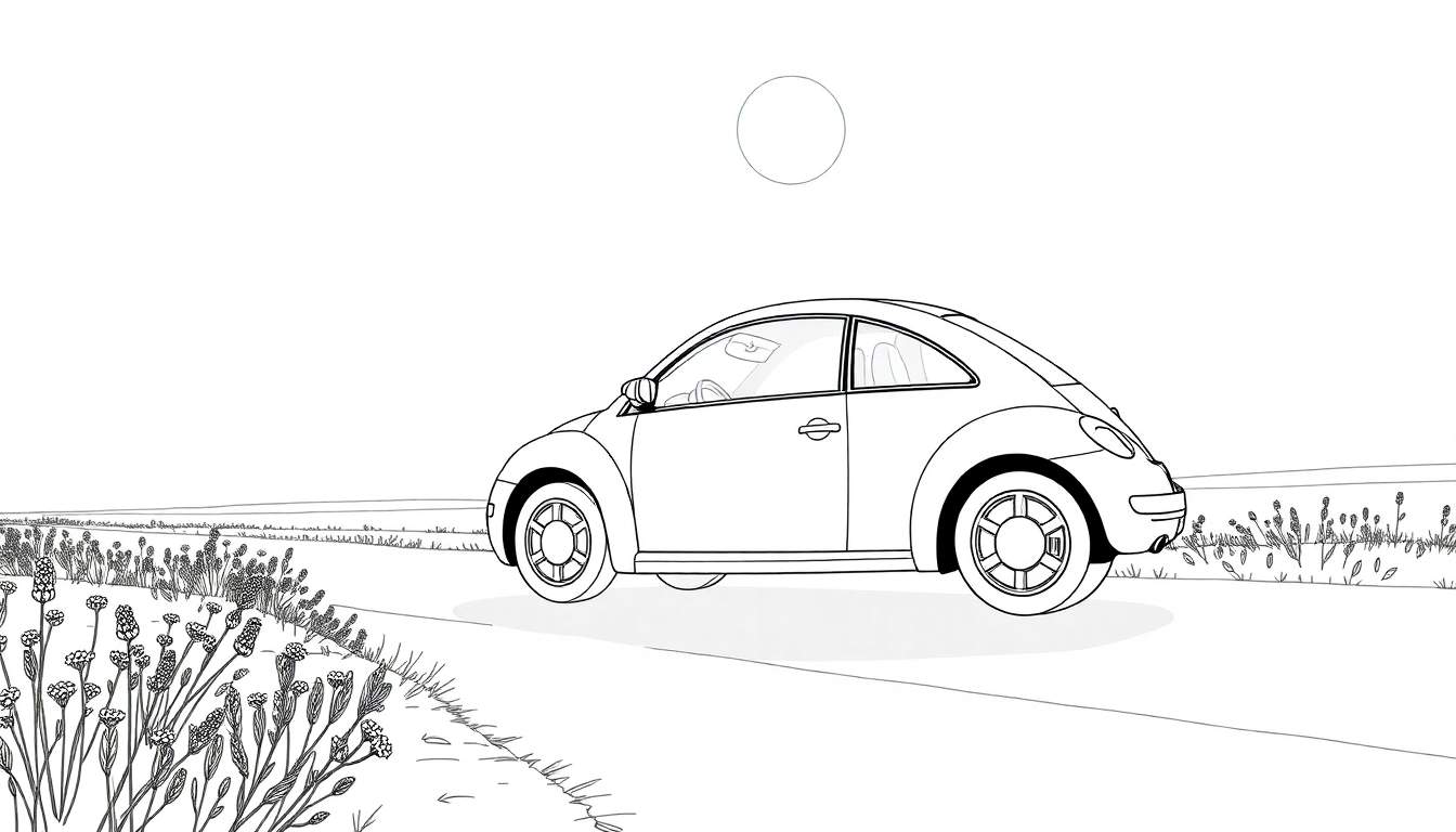 Dessin en noir et blanc d'une Coccinelle Volkswagen sur une route de campagne bordée de fleurs.