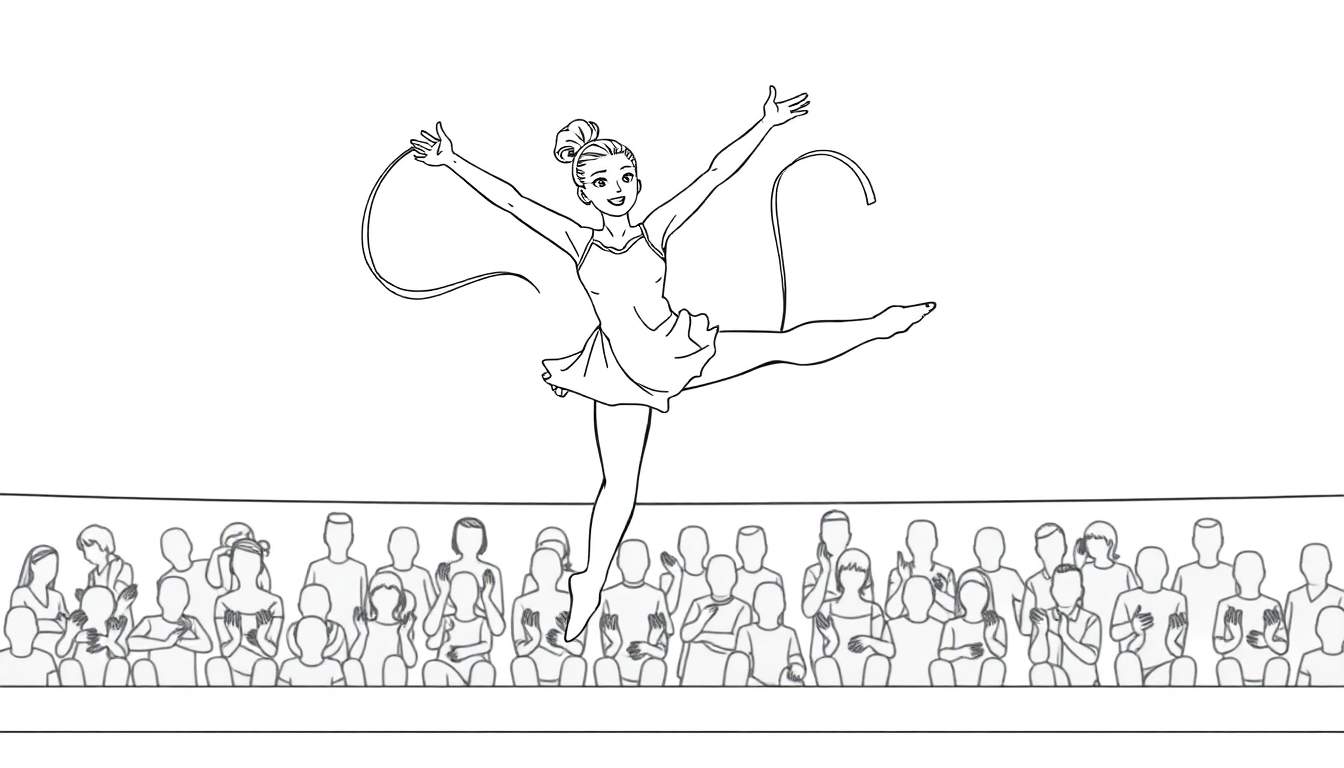 Dessin au trait d'une gymnaste en l'air, des rubans flottant autour d'elle, devant un public en silhouette.