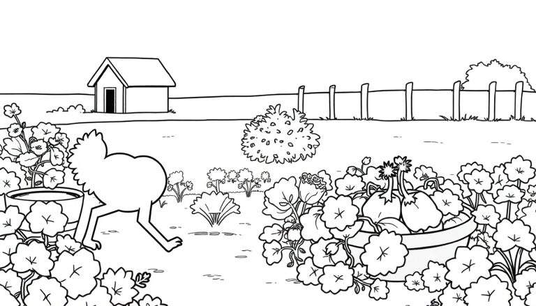 Dessin en noir et blanc d'une dinde aux pattes cachées dans la végétation, avec une cabane en arrière-plan, color panel.
