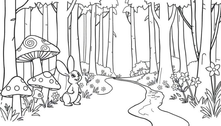 Un dessin au trait noir et blanc d'un lapin souriant à côté de champignons dans une forêt, idéal pour un color panel.