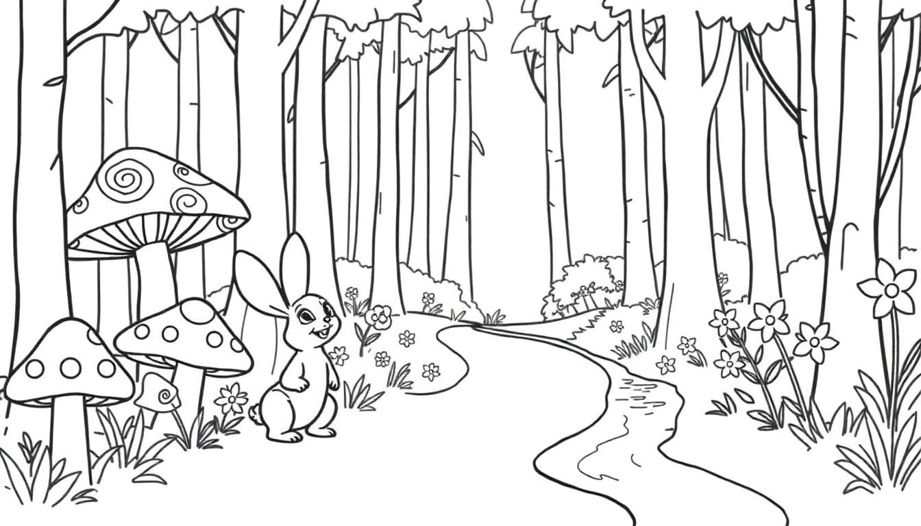 Un dessin au trait noir et blanc d'un lapin souriant à côté de champignons dans une forêt, idéal pour un color panel.