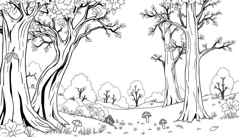 Color panel d'une forêt en noir et blanc, prêt à être colorié.