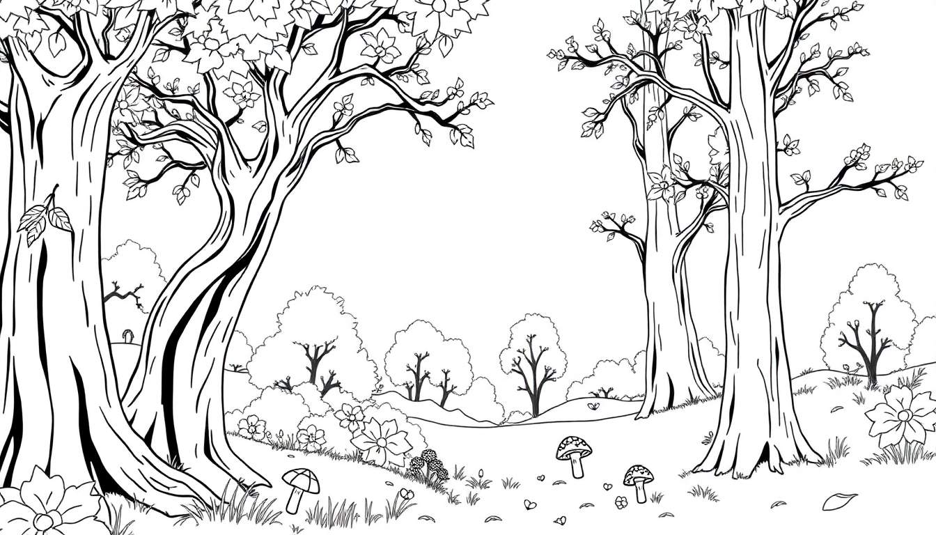 Color panel d'une forêt en noir et blanc, prêt à être colorié.