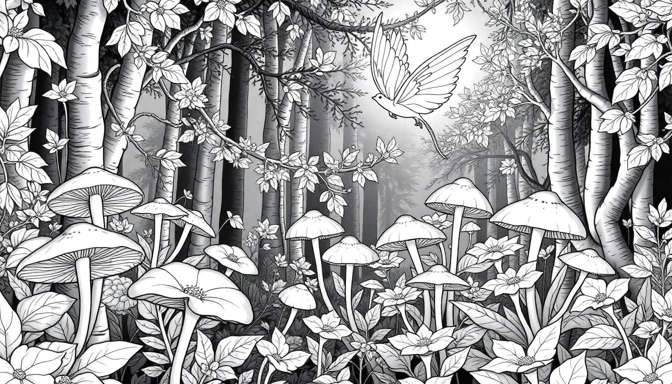 Une fée joyeuse vole dans une forêt enchantée avec des fleurs et des champignons, un color panel à colorier.