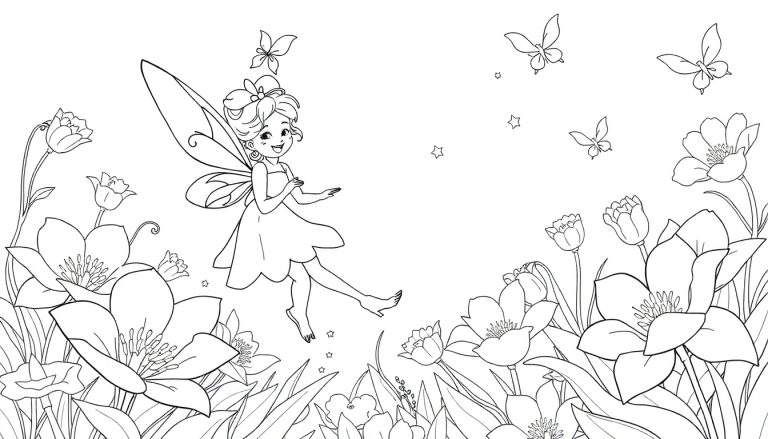 Dessin d'une fée aux ailes et robe dans un jardin fleuri, avec des papillons et des étoiles. C'est une image à colorier.