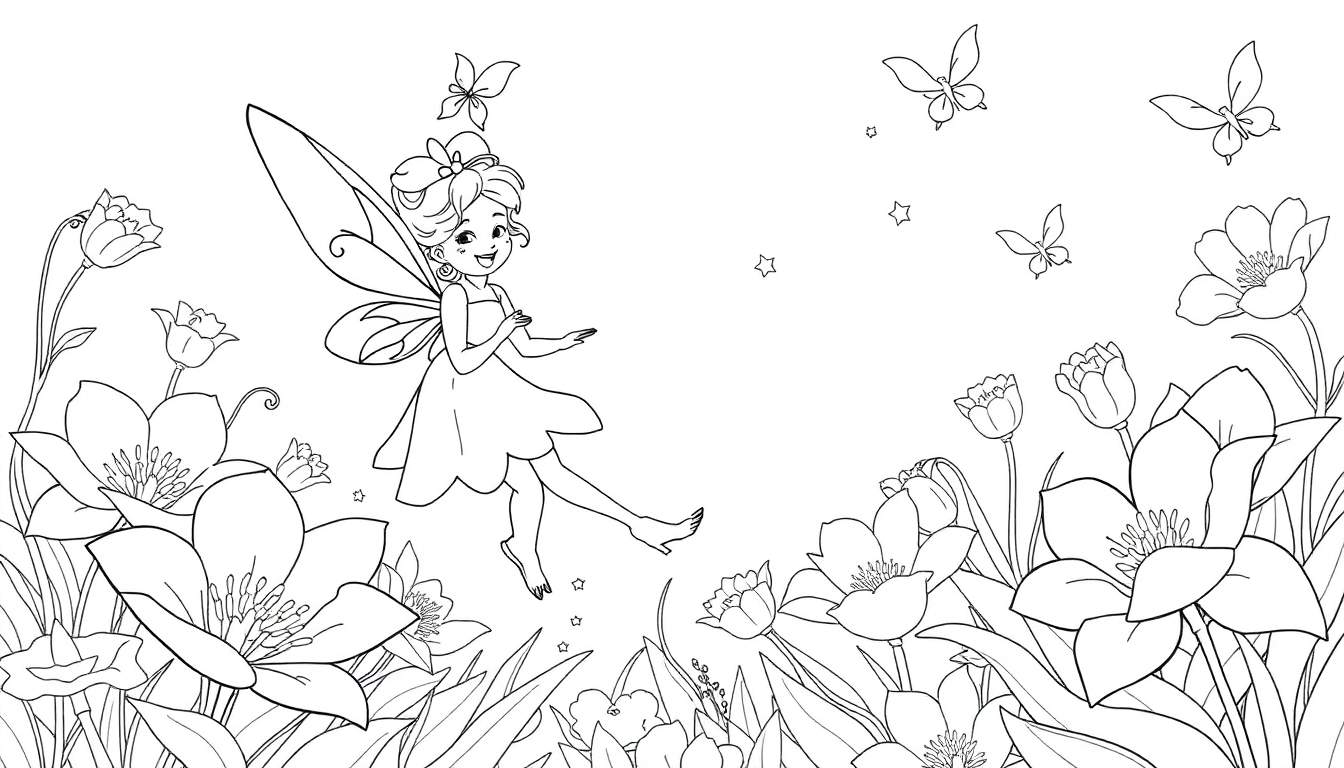 Dessin d'une fée aux ailes et robe dans un jardin fleuri, avec des papillons et des étoiles. C'est une image à colorier.