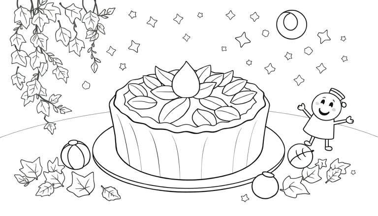 Un dessin au trait noir et blanc d'un gâteau et d'un personnage souriant, parfait pour un color panel.