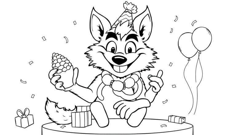 Dessin animé d'un renard festif avec un chapeau, un collier de boules et une pomme de pin.