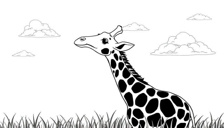 Une girafe au trait noir et blanc avec des taches sur son dos, se tenant dans une prairie sous quelques nuages. Ce pourrait être un color panel.