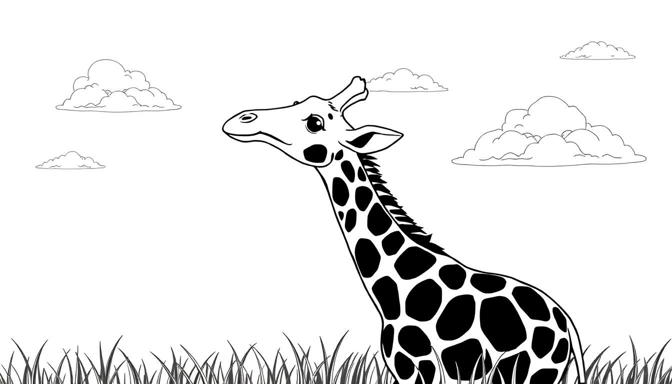 Une girafe au trait noir et blanc avec des taches sur son dos, se tenant dans une prairie sous quelques nuages. Ce pourrait être un color panel.