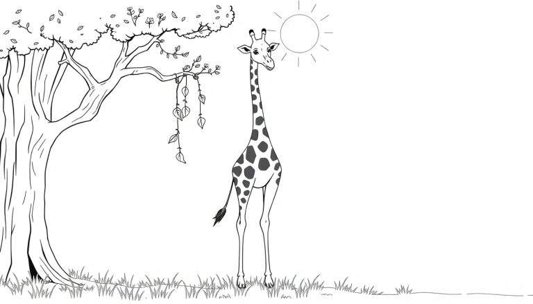 Dessin au trait d'une girafe sous un soleil africain, avec un arbre et de l'herbe.
