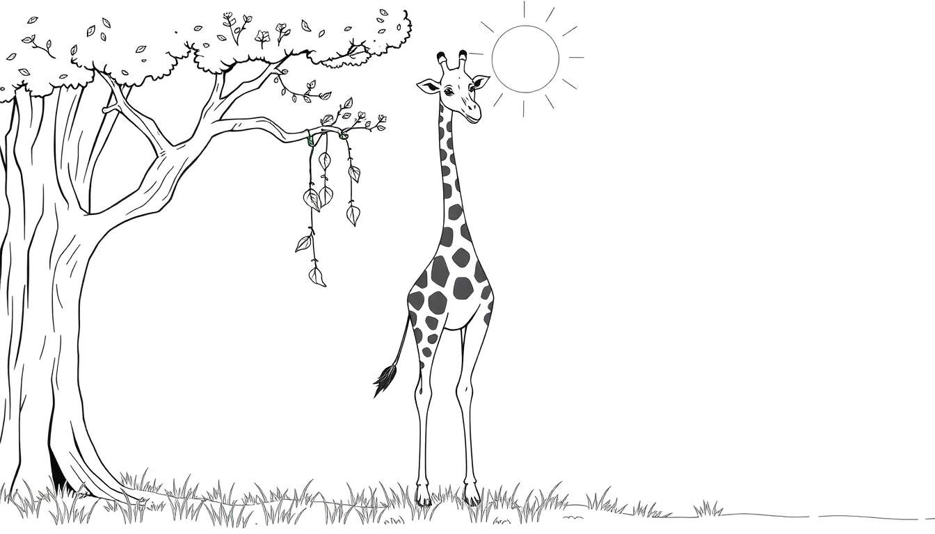 Dessin au trait d'une girafe sous un soleil africain, avec un arbre et de l'herbe.