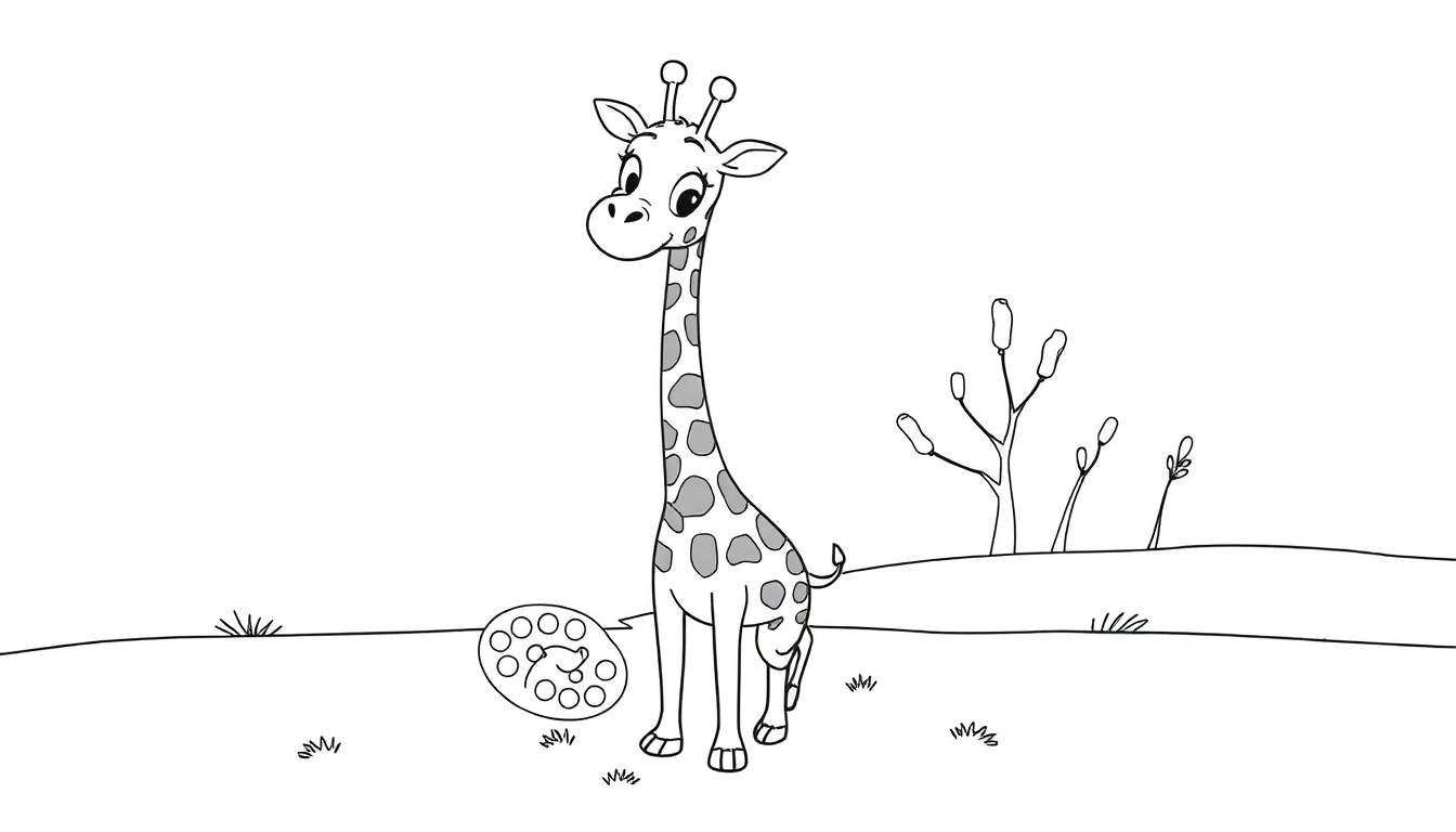 Dessin noir et blanc d'une girafe souriante dans une savane stylisée, avec des éléments à colorier.