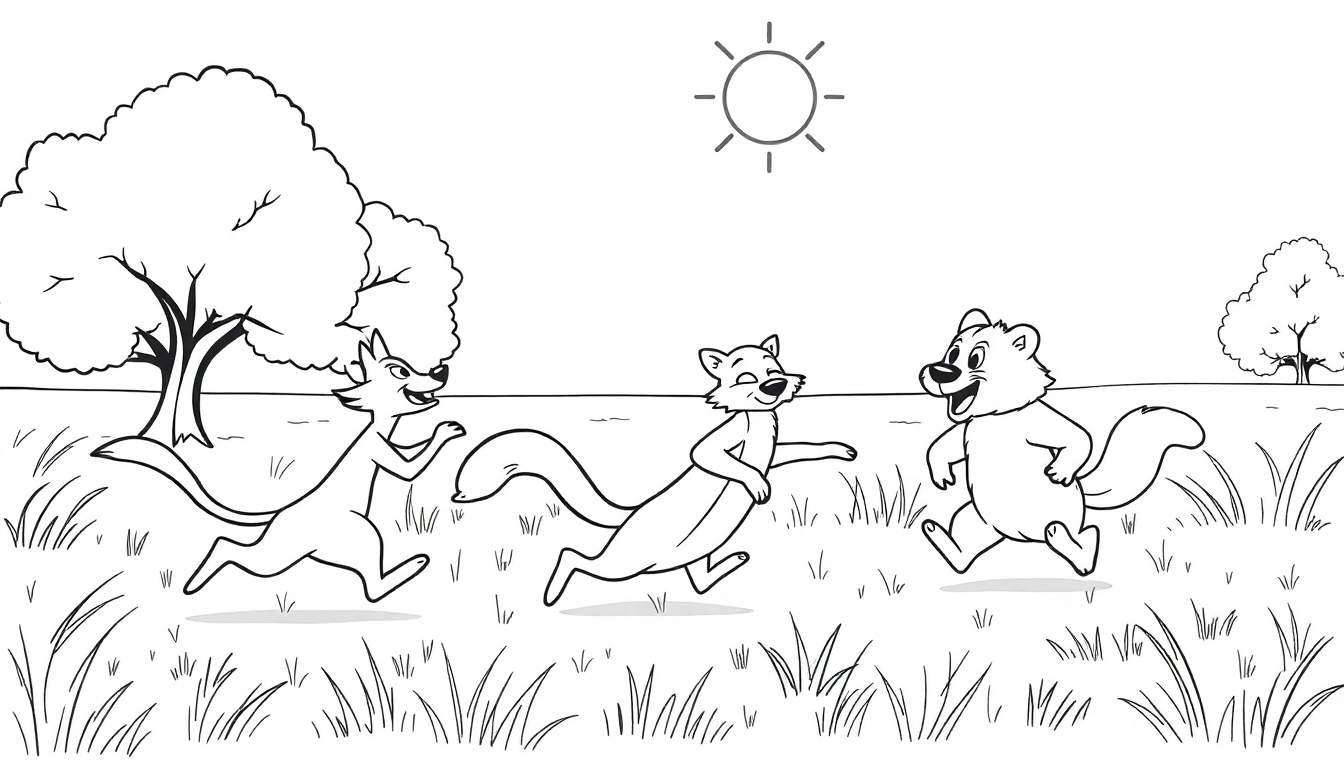 Un renard, un chat et un ours courent joyeusement dans un champ d'herbe sous un soleil radieux. Le dessin est fait au trait et coloré avec un color panel ludique.