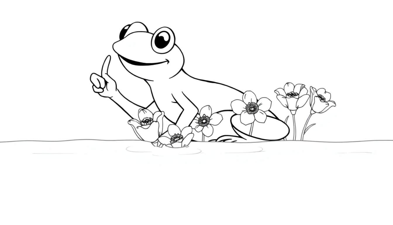 Dessin au trait d'une grenouille souriante pointant un doigt vers le haut au milieu de fleurs aquatiques.