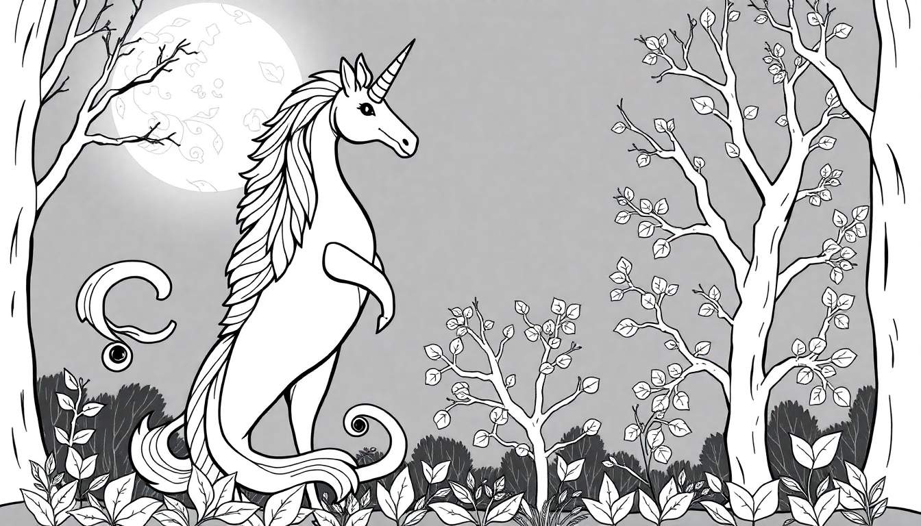 Dessin en noir et blanc d'une licorne dans une forêt de nuit, page de coloriage.