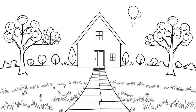 Une maison avec un chemin, des arbres circulaires et des ballons, dans un color panel joyeux.