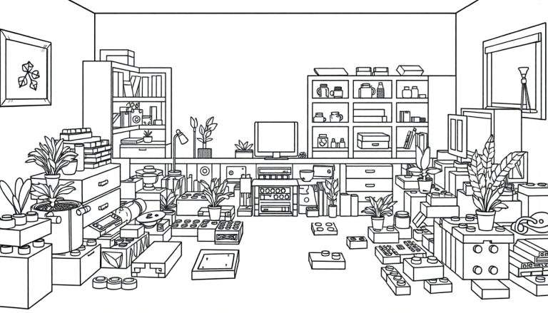 Dessin au trait noir et blanc d'une pièce débordante d'objets, un véritable chaos créatif.