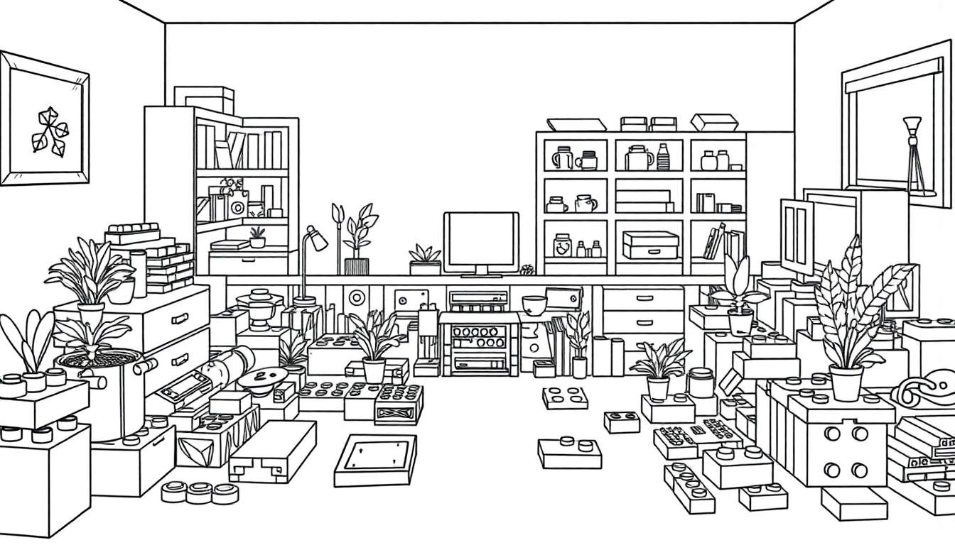 Dessin au trait noir et blanc d'une pièce débordante d'objets, un véritable chaos créatif.
