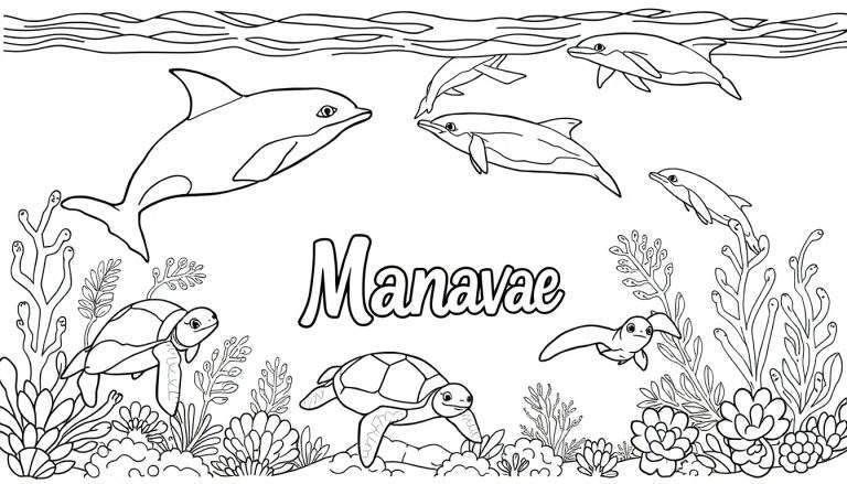 Une plaque couleur représentant Manavae nageant avec des dauphins, des tortues de mer et un lamantin dans un paysage sous-marin coloré avec des coraux et des algues.