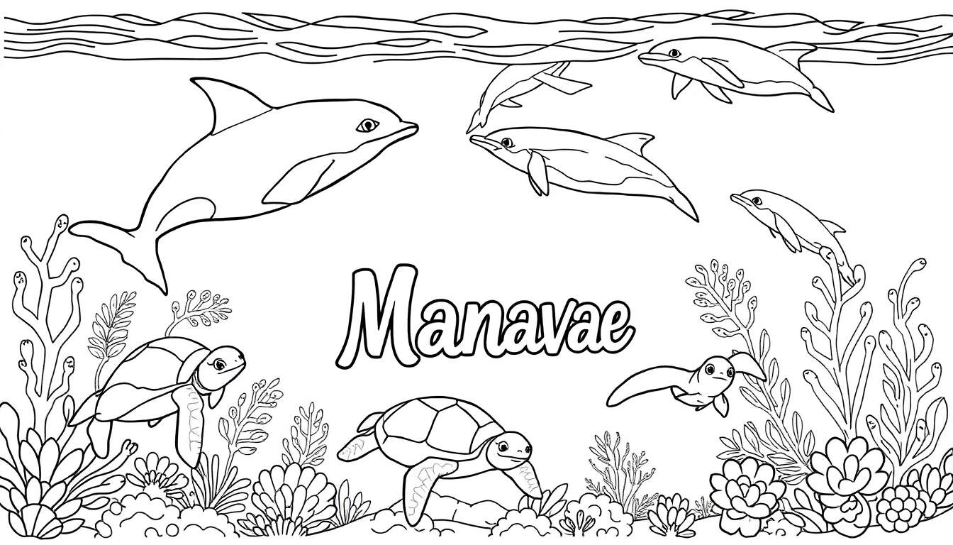 Une plaque couleur représentant Manavae nageant avec des dauphins, des tortues de mer et un lamantin dans un paysage sous-marin coloré avec des coraux et des algues.