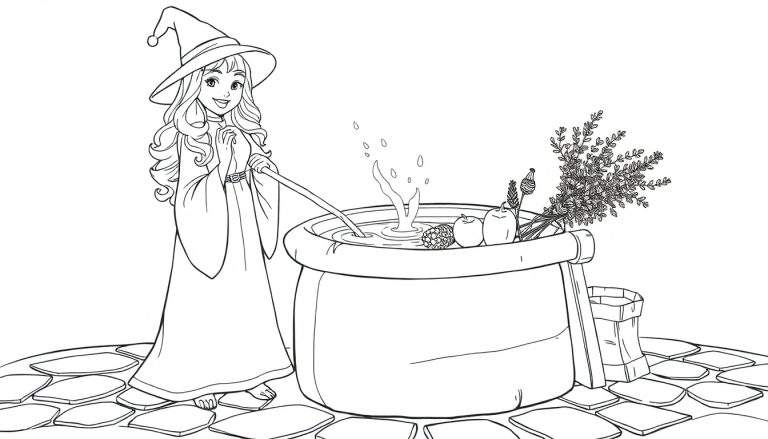 Dessin d'une jeune sorcière souriante préparant une potion dans un chaudron fumant avec une louche, une pomme de pin et des pommes flottant à l'intérieur, un bouquet d'herbes et des sacs à proximité.
