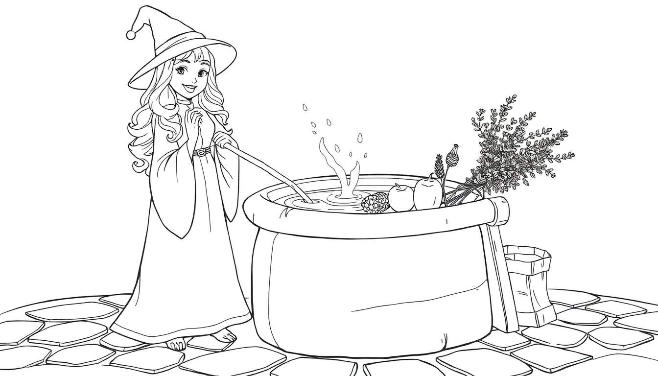 Dessin d'une jeune sorcière souriante préparant une potion dans un chaudron fumant avec une louche, une pomme de pin et des pommes flottant à l'intérieur, un bouquet d'herbes et des sacs à proximité.