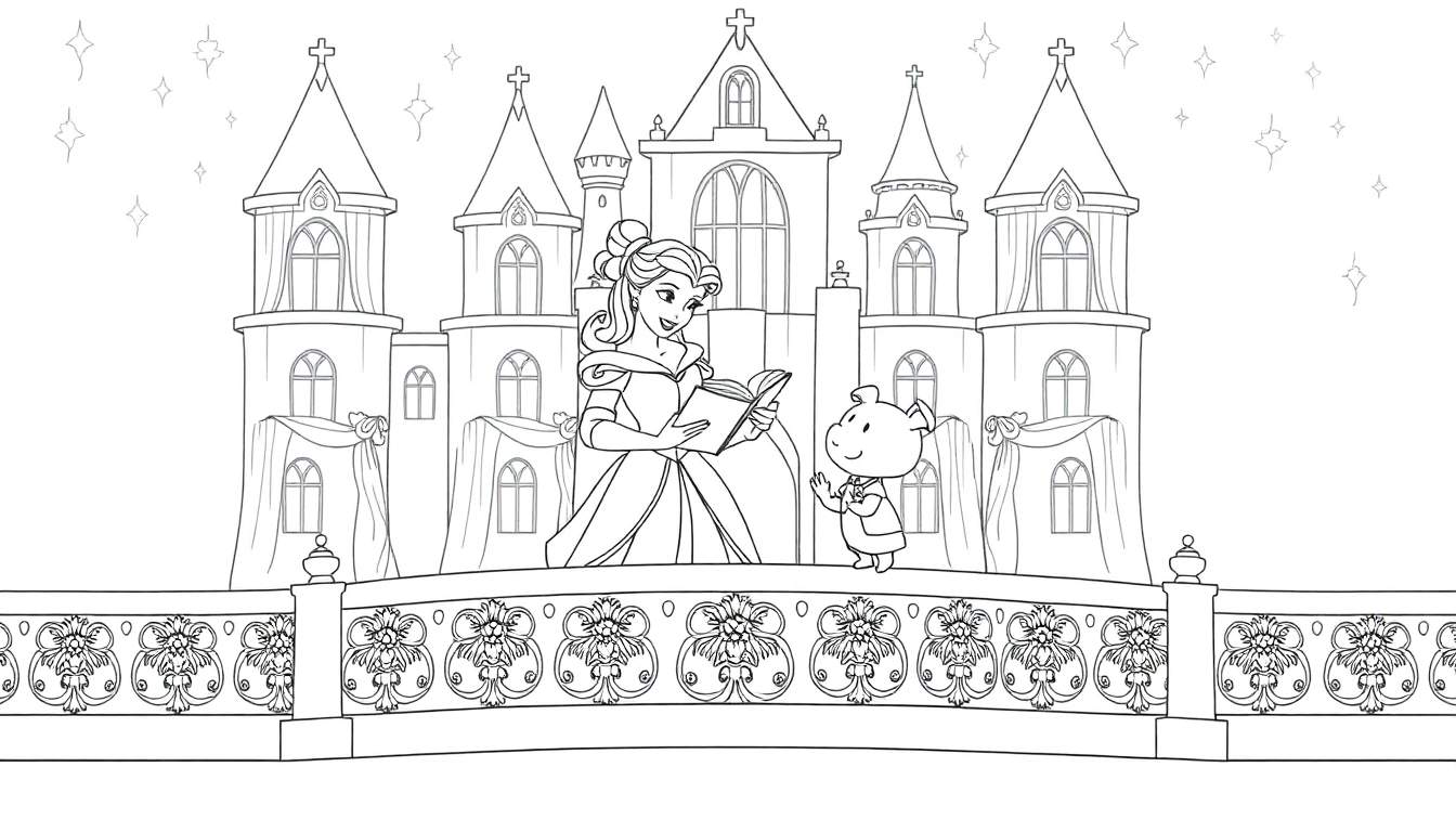 Page à colorier d'une princesse lisant avec un ami animal devant un château fantastique.