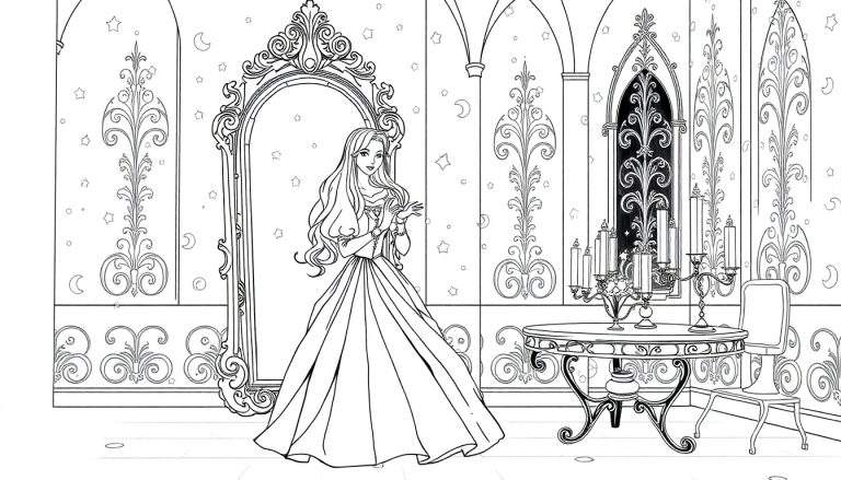 Une princesse se tient devant un grand miroir orné dans une chambre de conte de fées, avec un color panel à droite.