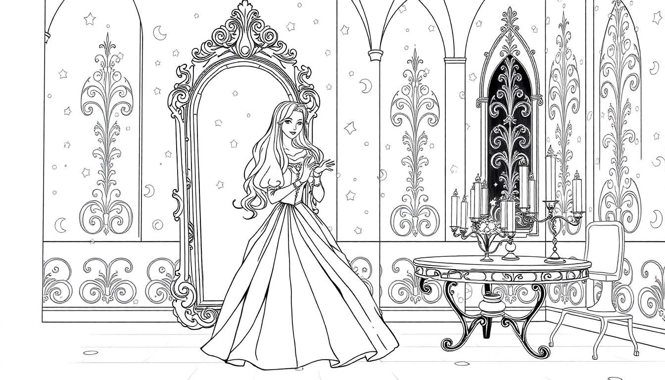 Une princesse se tient devant un grand miroir orné dans une chambre de conte de fées, avec un color panel à droite.