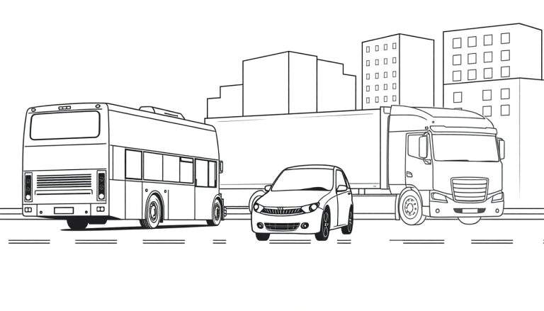Un dessin au trait de rue avec un bus à impériale, une voiture et un camion, entourés d'immeubles.