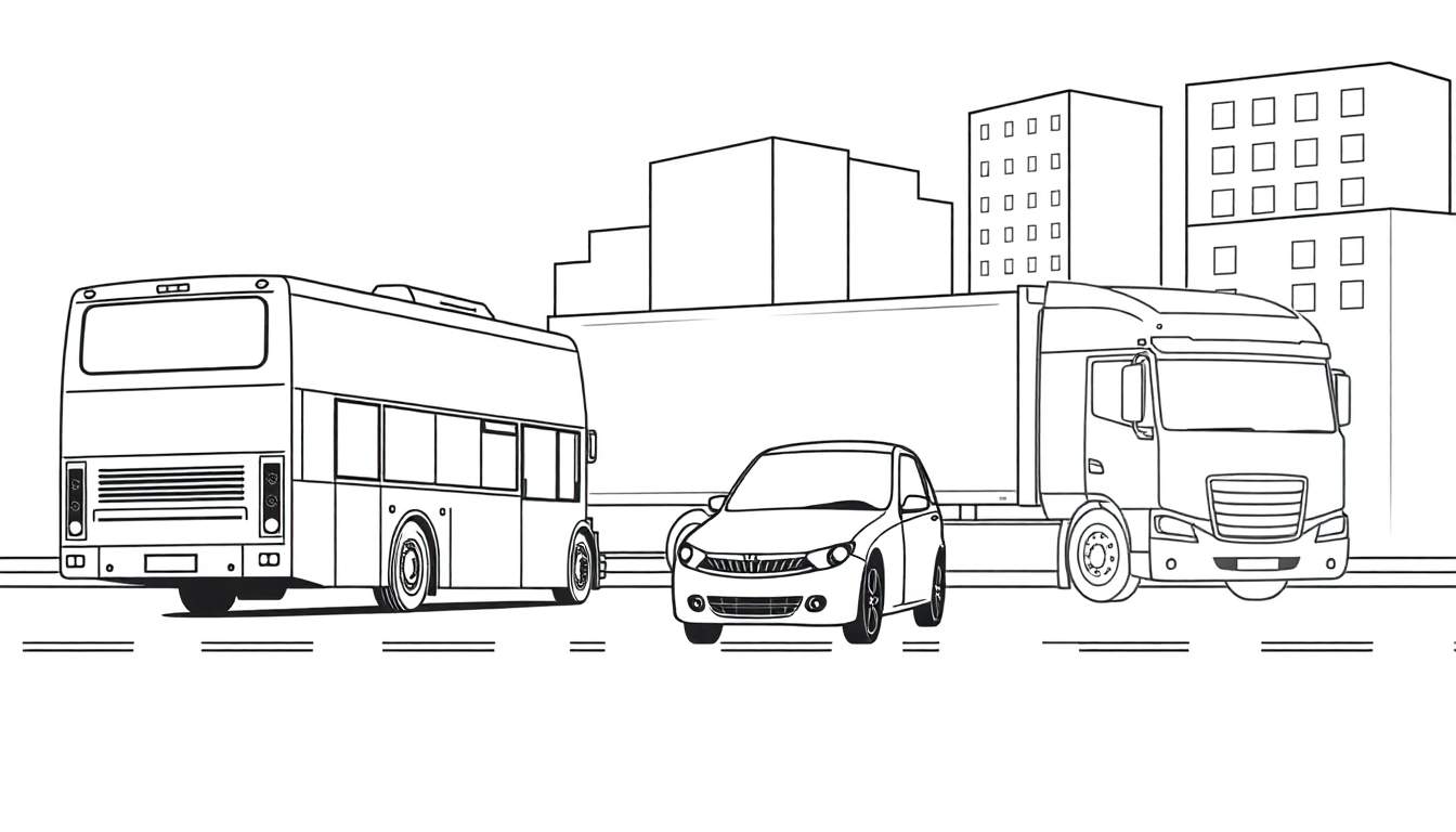Un dessin au trait de rue avec un bus à impériale, une voiture et un camion, entourés d'immeubles.