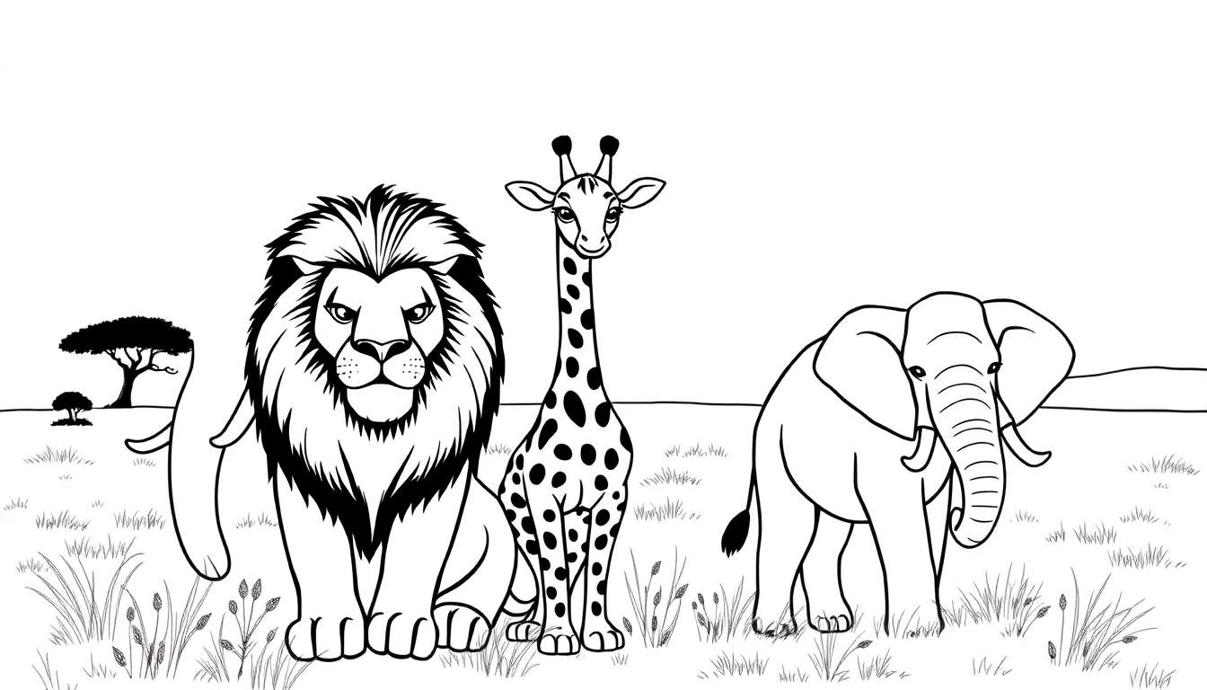 Dessin au trait d'un lion, d'une girafe et d'un éléphant sur la savane africaine, avec un color panel en arrière-plan.