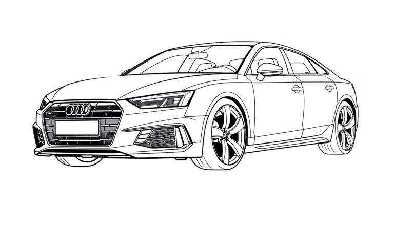 Dessin au trait d'une berline Audi sportive sur fond blanc, mettant en évidence ses lignes épurées et sa calandre distinctive.
