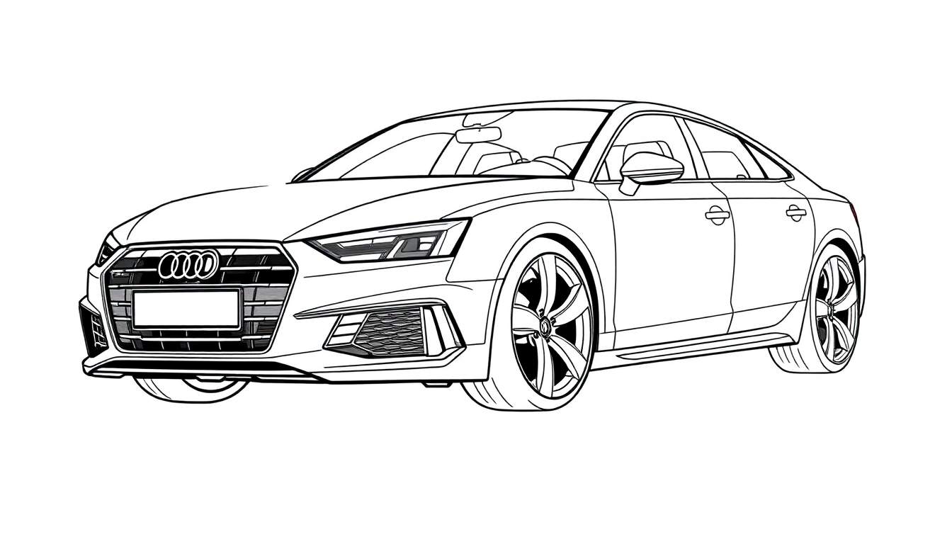 Dessin au trait d'une berline Audi sportive sur fond blanc, mettant en évidence ses lignes épurées et sa calandre distinctive.