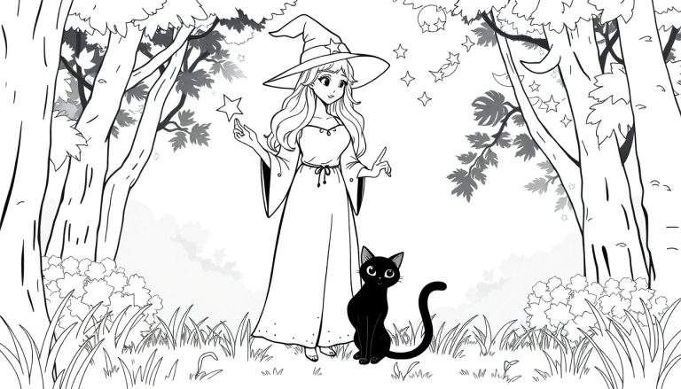 Jeune sorcière dans une forêt avec son chat noir et une baguette magique. Étoiles et lunes dans le ciel. Color panel.