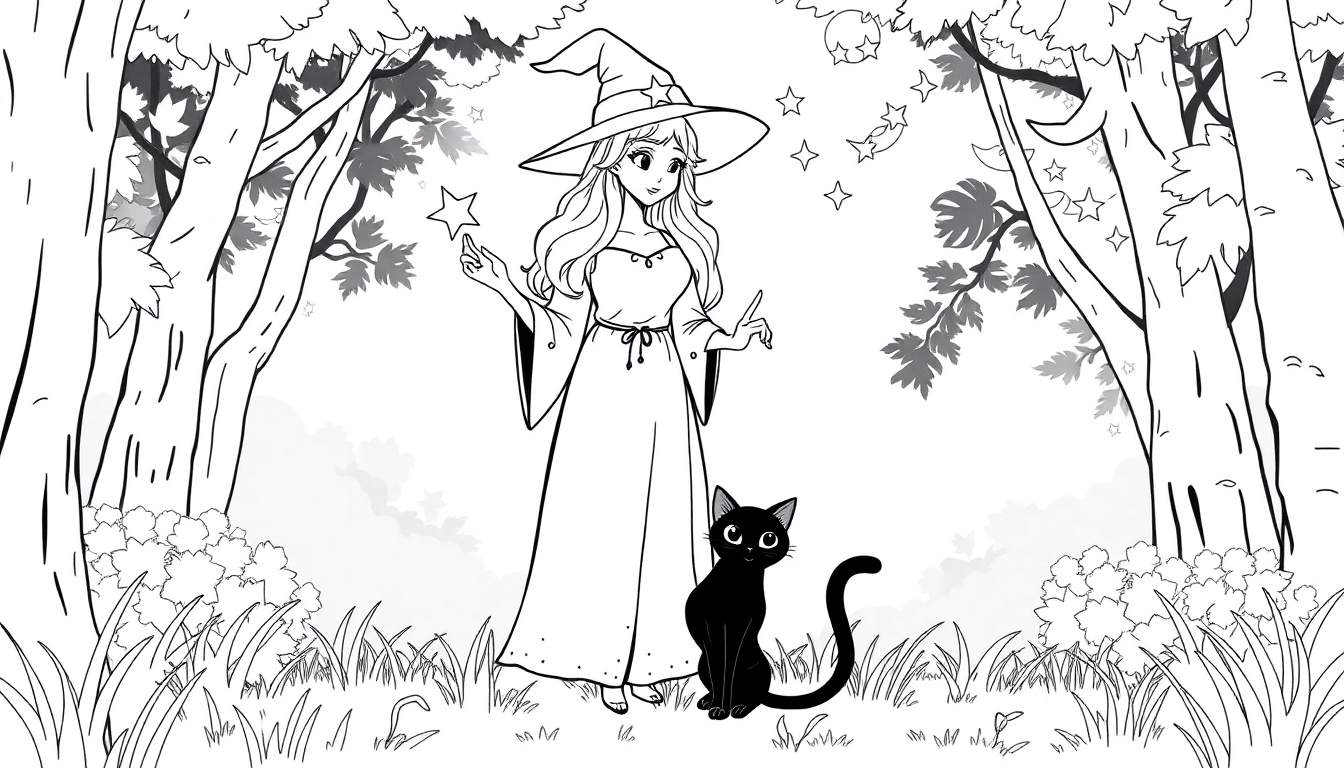 Jeune sorcière dans une forêt avec son chat noir et une baguette magique. Étoiles et lunes dans le ciel. Color panel.