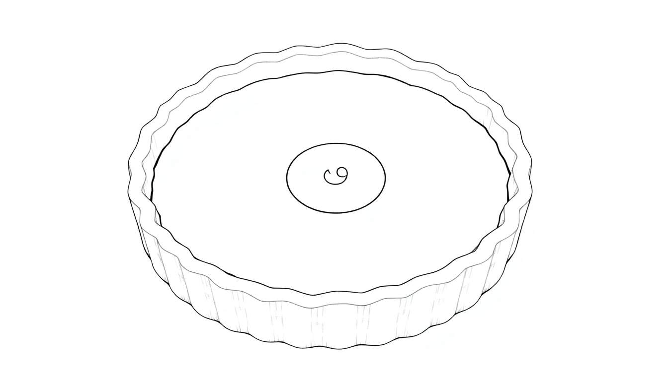 Dessin au trait d'une tarte ronde avec un bord ondulé, au centre un motif en spirale, sur un fond blanc. Un color panel pour la créativité.