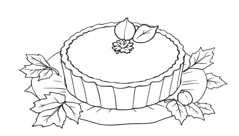 Illustration en noir et blanc d'une tarte aux feuilles et à la rosette, sur une assiette ornée de feuilles, style dessin au trait, color panel.