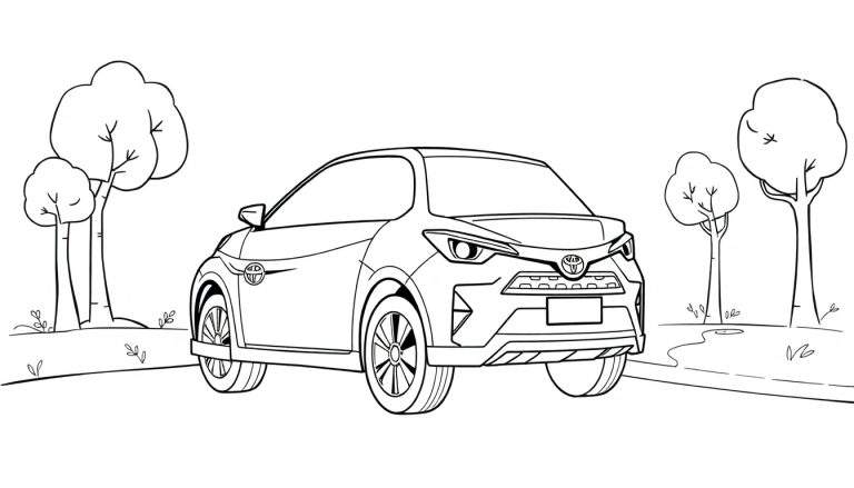 Dessin au trait d'une Toyota C-HR blanche sur une route de campagne, style page de coloriage.