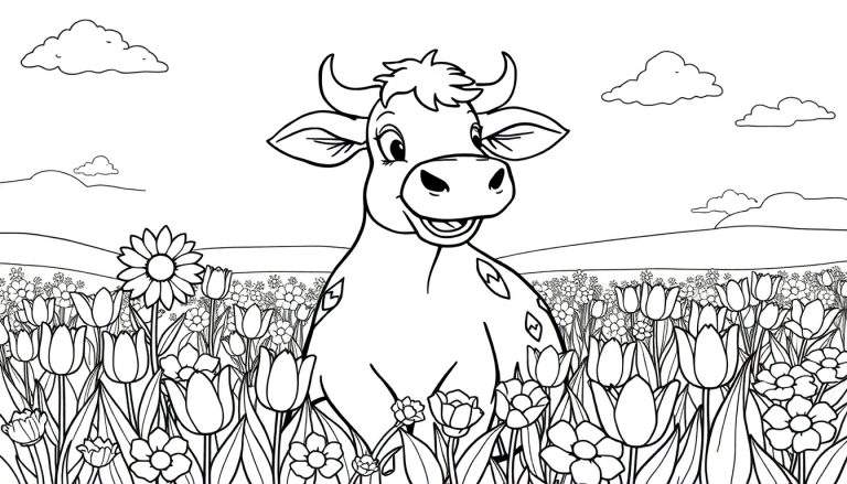 Une vache souriante dans un champ de fleurs colorées avec des nuages et une colline.