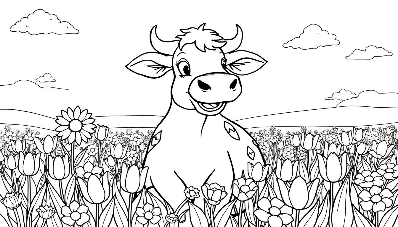 Une vache souriante dans un champ de fleurs colorées avec des nuages et une colline.
