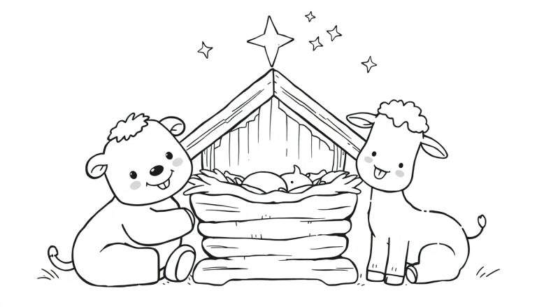 Une scène de la nativité dessinée dans un style enfantin, avec un ourson et un agneau en peluche gardant un bébé dans une mangeoire, sous une étoile brillante.